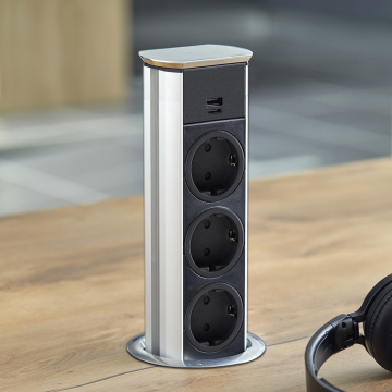Pop-up stekkerdoos Brick 3x stopcontacten usb a+c lader RVS