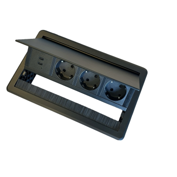Powerbox met deksel 3xstopcontact en 2x usb-c zwart